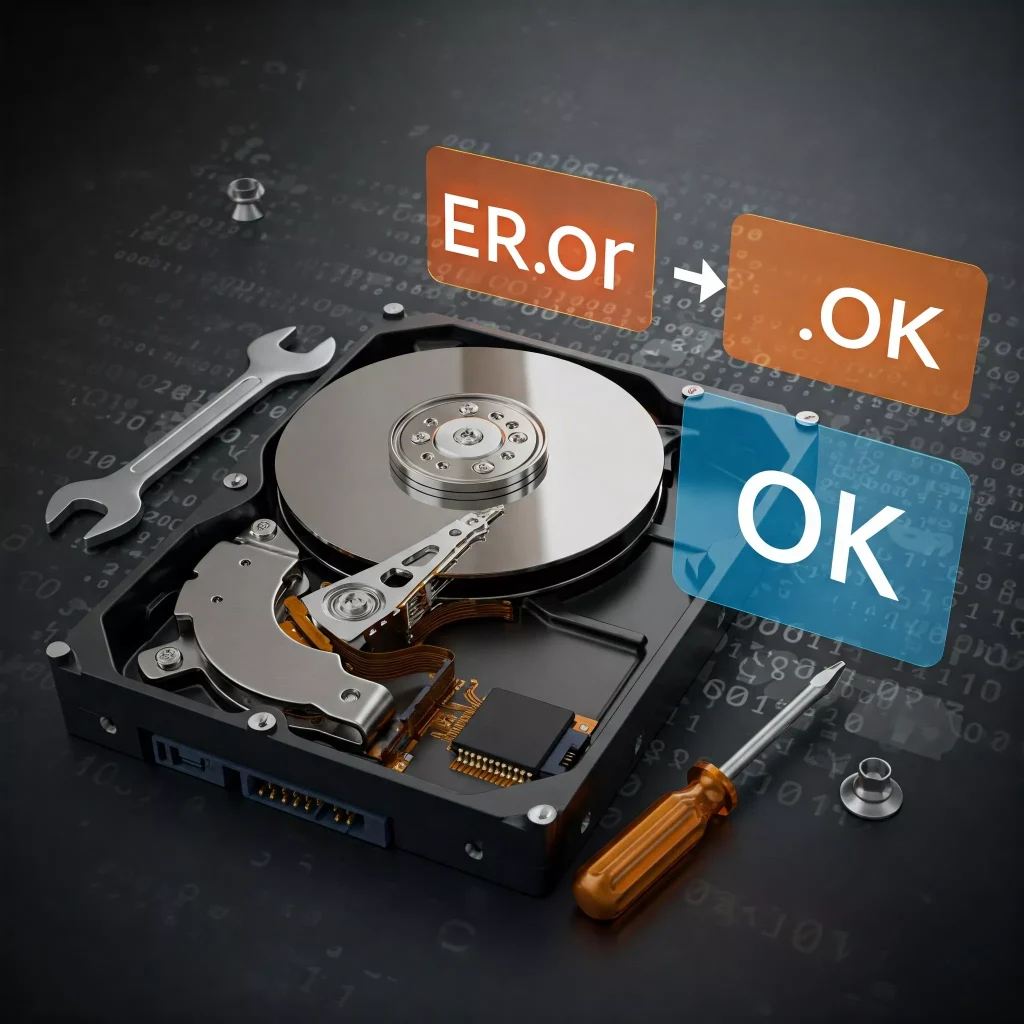 Ilustración de un disco duro con herramientas digitales reparándolo, junto a un icono de error que se convierte en OK, sobre un fondo gris con código binario