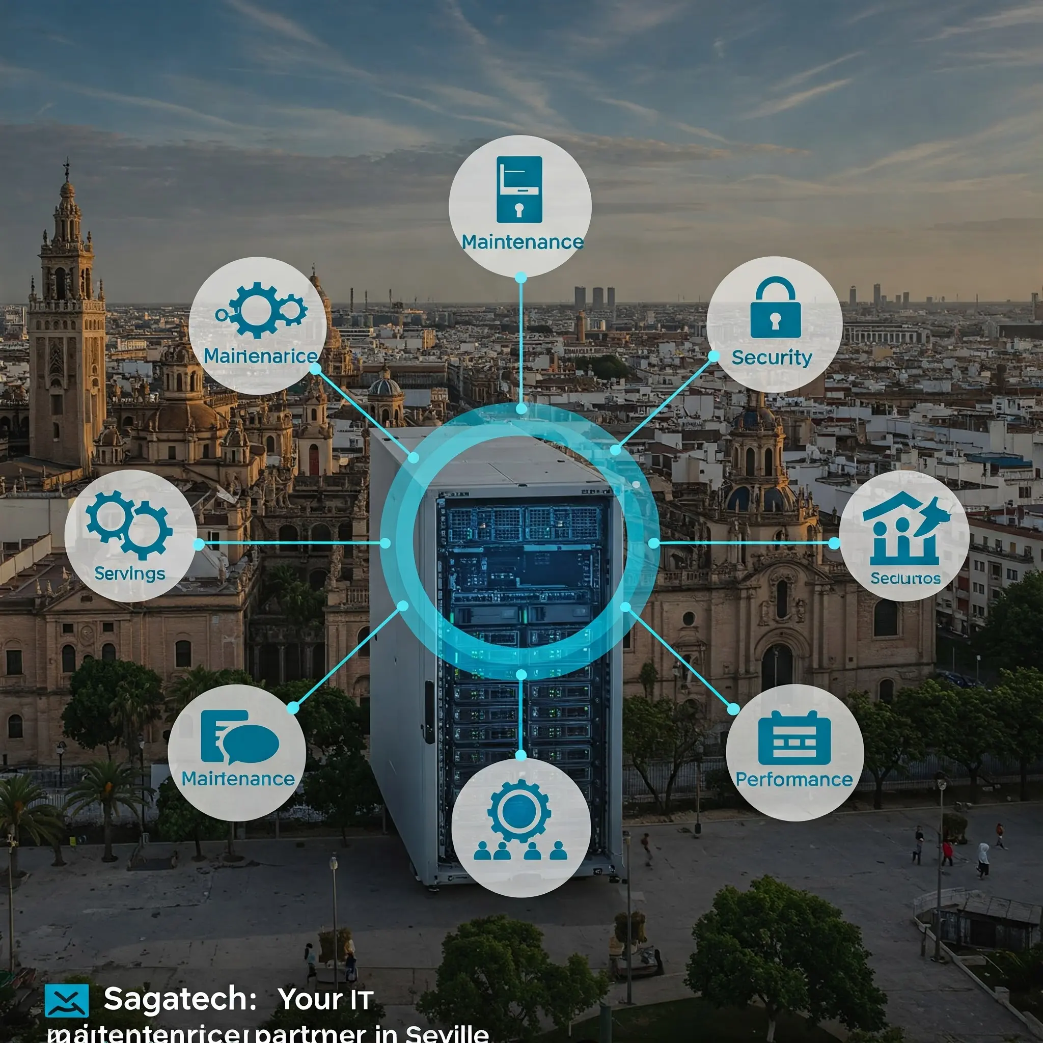 Ilustración digital de un servidor conectado a una red con iconos de mantenimiento, seguridad y rendimiento, sobre el skyline de Sevilla, representando los servicios IT de Sagatech