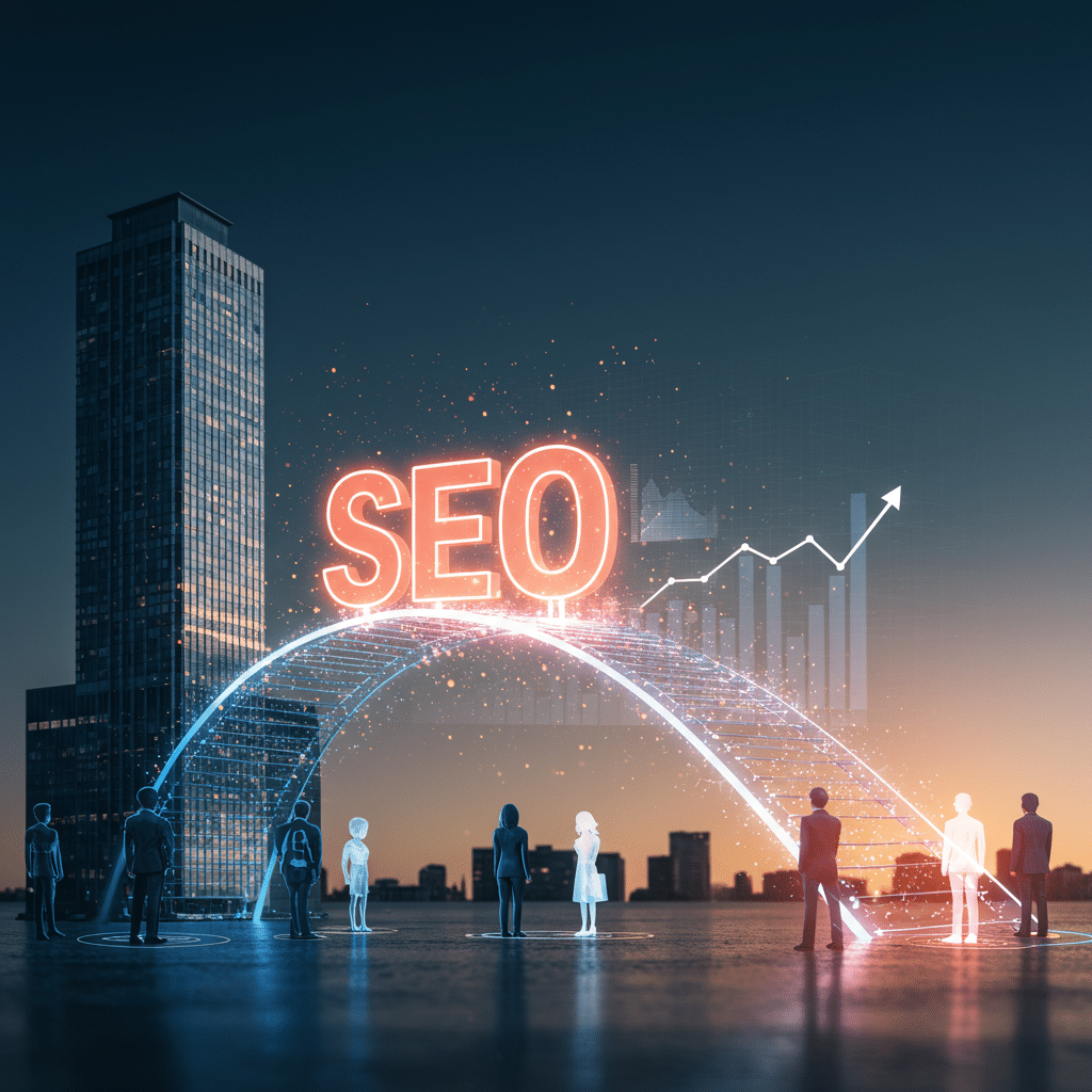 Ilustración conceptual del SEO como un motor estratégico que conecta una empresa con sus clientes a través de la optimización en buscadores, mostrando gráficos de crecimiento y ROI.
