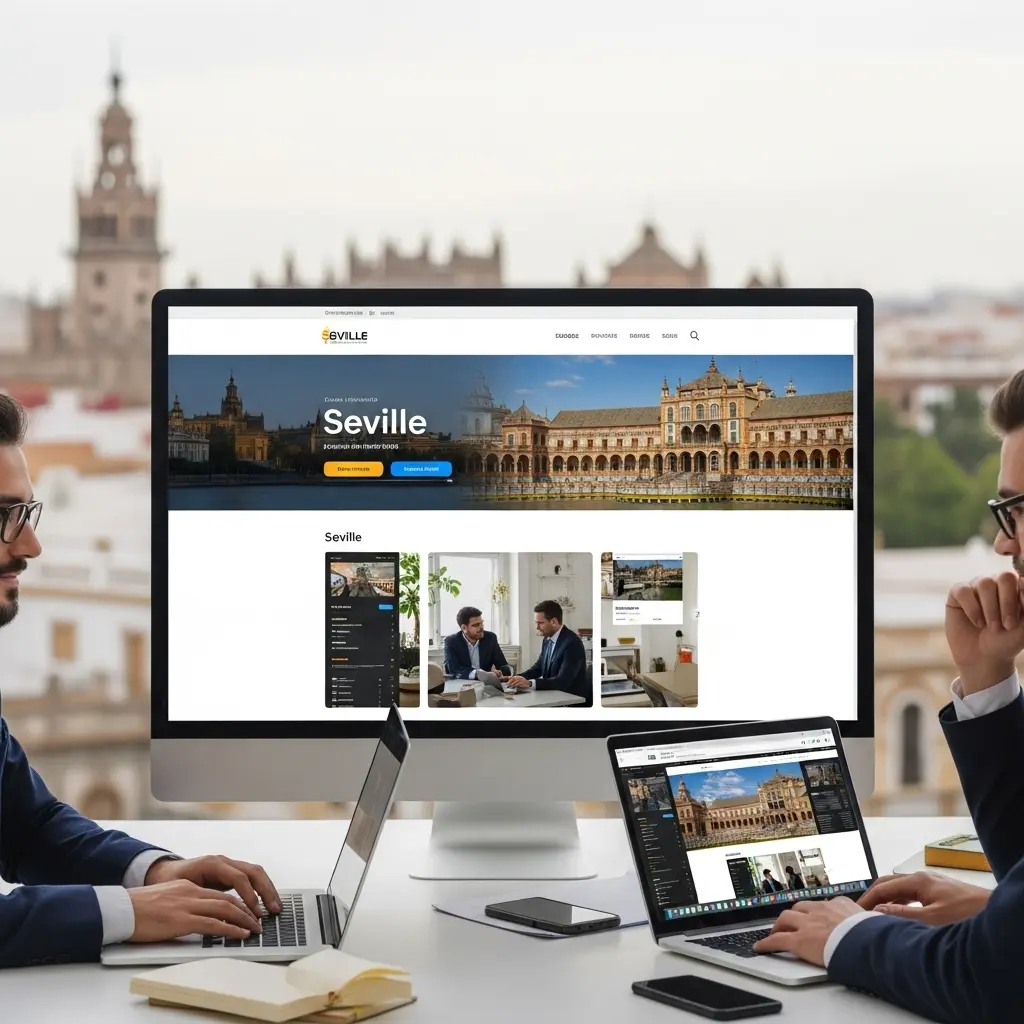 Profesionales de Sagatech en Sevilla diseñando una página web que destaca los monumentos y la cultura local.