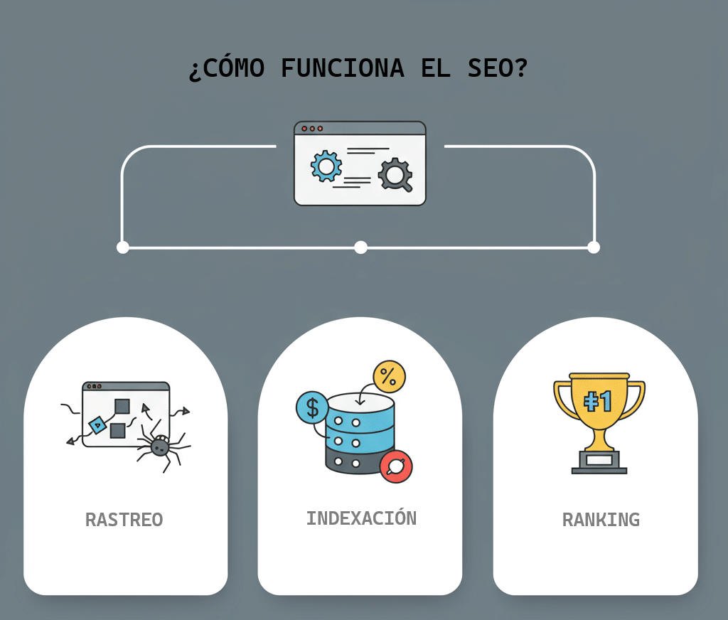 Infografía que explica el funcionamiento del SEO en tres pasos: Rastreo (ícono de araña web), Indexación (ícono de base de datos con signos de dinero), y Ranking (ícono de trofeo).