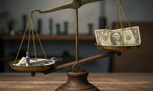 Balanza antigua con billetes de dólar en un lado y herramientas metálicas en el otro.