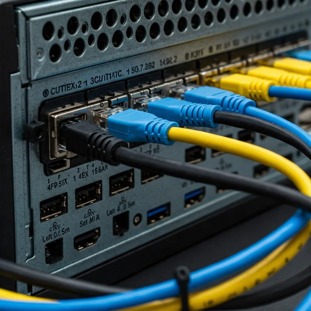 Primer plano de puertos de red con cables Ethernet azules y amarillos conectados a un switch o servidor.