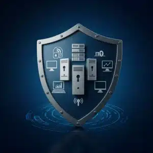 Escudo metálico con iconos de servidores, ordenadores y candados que simbolizan la ciberseguridad empresarial.