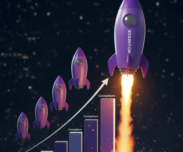 WooCommerce superando a la competencia en SEO, representado por un cohete despegando sobre gráficas de competidores