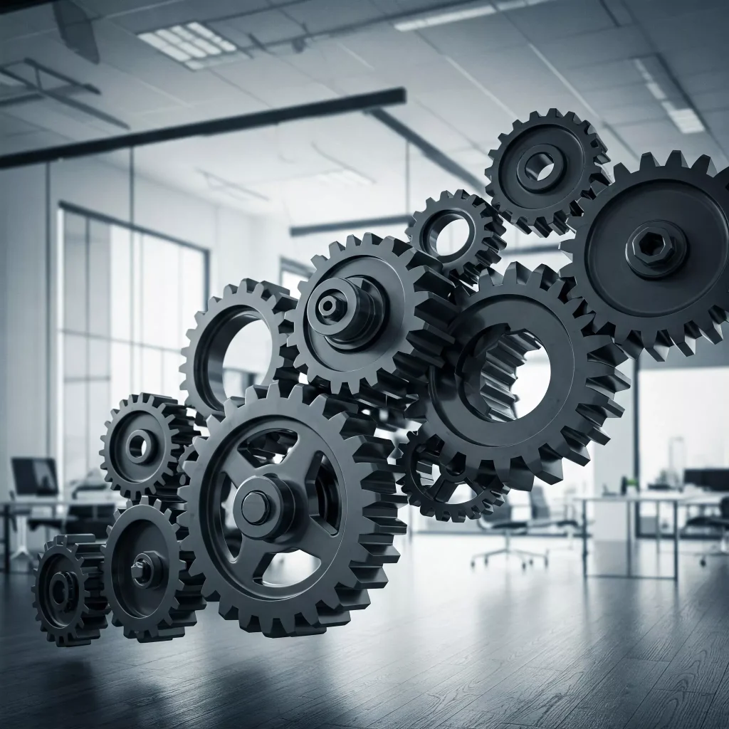 Engranajes metálicos interconectados flotando en una oficina moderna.
