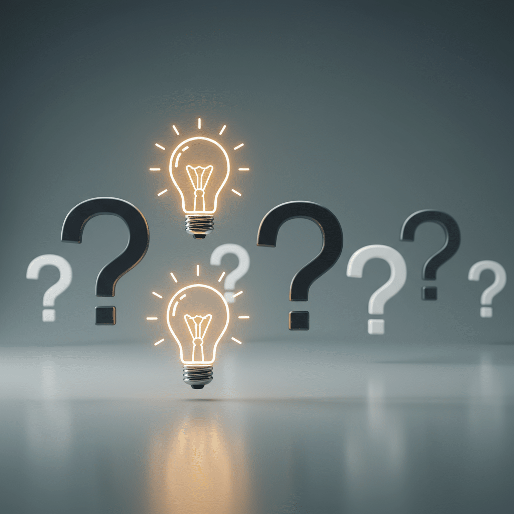 Fondo oscuro con múltiples signos de interrogación y dos bombillas encendidas en primer plano, simbolizando la aparición de una idea o solución a una pregunta o problema
