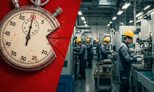 Cronómetro agrietado junto a una línea de producción industrial con operarios trabajando.