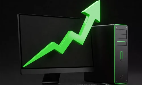 Ordenador de sobremesa con una flecha verde ascendente proyectada sobre la pantalla.