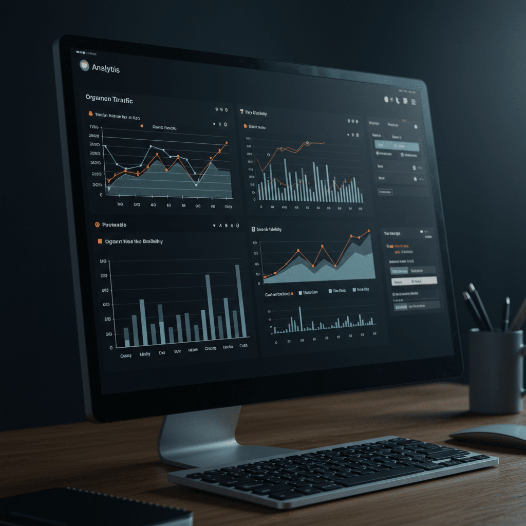 Monitor de escritorio mostrando un panel de análisis de datos y métricas con múltiples gráficos de barras y líneas en un entorno oscuro, simbolizando el seguimiento del rendimiento SEO