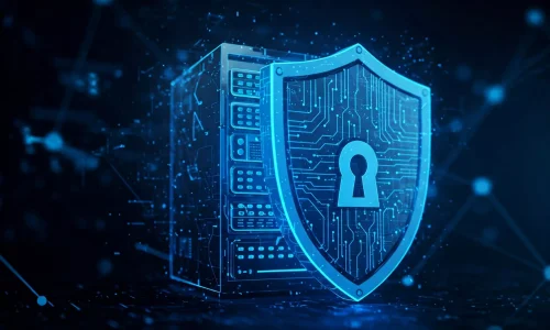 Servidor protegido por un escudo digital con icono de candado sobre fondo tecnológico azul.