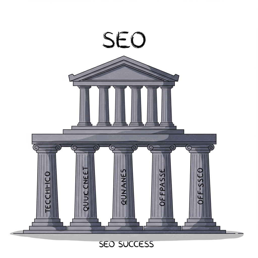 Dibujo de un templo o edificio clásico cuyas columnas representan los cuatro pilares fundamentales del SEO: Técnico, Contenido, Análisis (Anuncios) y Off-Page/Off-Site.