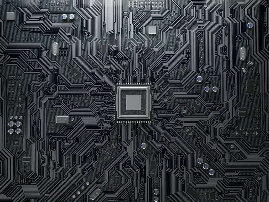 Plano detallado de una placa base con un procesador en el centro y múltiples circuitos impresos.