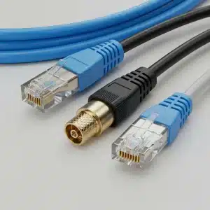 Cables de red y conexión coaxial sobre superficie gris.