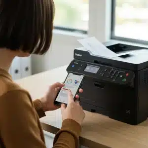 Persona utilizando un smartphone para enviar un documento a imprimir en una impresora multifunción.