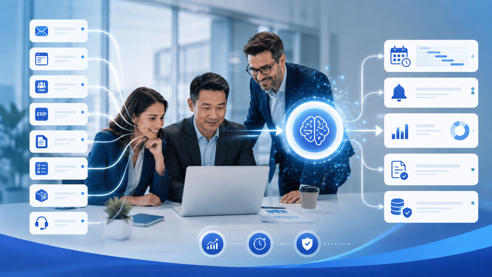 Equipo de empresa revisando automatizaciones con inteligencia artificial para conectar formularios, CRM, correo, tareas y procesos internos