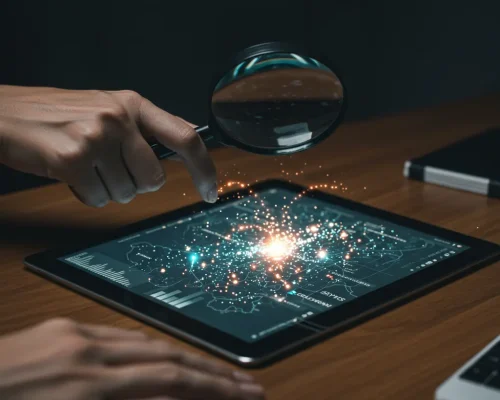 Descubriendo las Oportunidades Ocultas Una mano sosteniendo una lupa sobre una tableta que muestra un mapa digital, revelando grupos de palabras clave y puntos de datos brillantes.