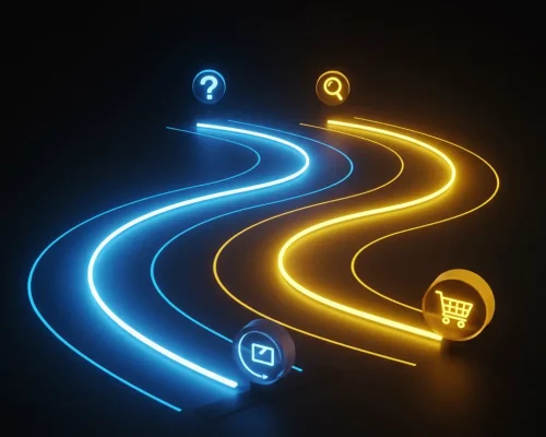 La Intención Detrás de Cada Búsqueda Renderización 3D de tres caminos de luz (azul, verde, dorado) con iconos de interrogación, lupa y carrito de compra, que simbolizan las diferentes intenciones de búsqueda.