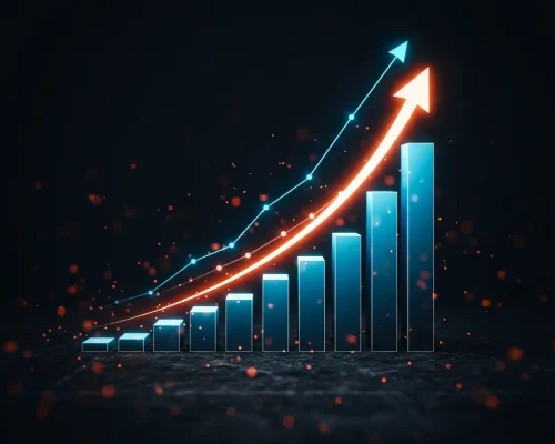 Resultados Reales: El Crecimiento Impulsado por Datos Un gráfico de barras brillante y ascendente sobre un fondo oscuro, con flechas que apuntan hacia arriba para simbolizar el crecimiento y los resultados positivos del SEO.