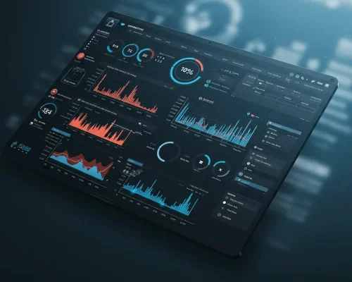 El Arsenal del Especialista SEO Un panel de control o dashboard holográfico con gráficos y datos de herramientas de keyword research, mostrando métricas como volumen de búsqueda y dificultad de palabra clave.