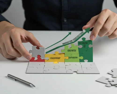 Construyendo la Estrategia Pieza a Pieza Manos de una persona montando un rompecabezas cuyas piezas contienen palabras clave y, al unirse, forman un gráfico de negocio ascendente.